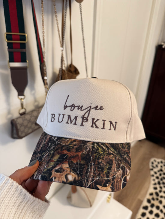 Boujee Bumpkin Tan/Camo Trucker